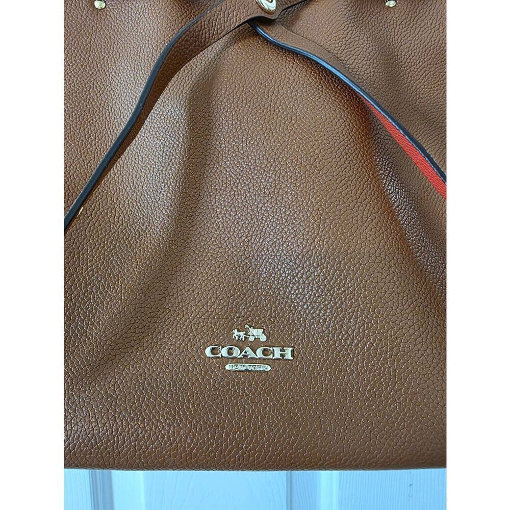 Coach Turnlock Tie Pebble Leather Brown and Orange Tote 35838 - Picture 5 of 10